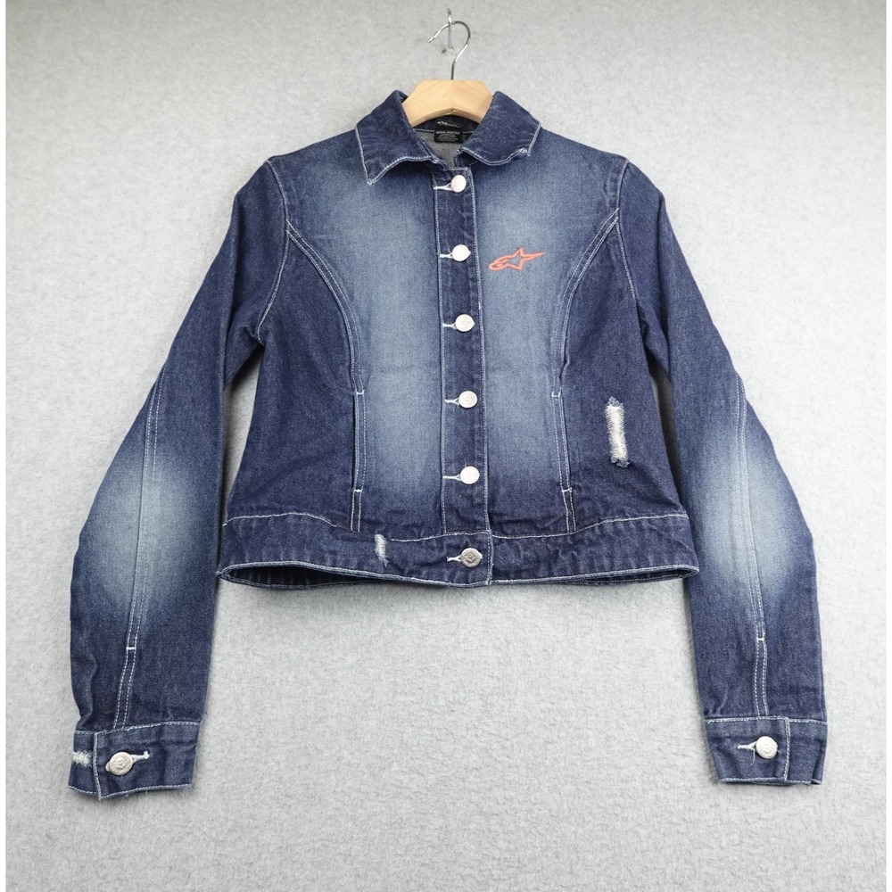 AlpineStars Denim Jacket Womens Small Blue Medium Wash Button Distressed Cropped